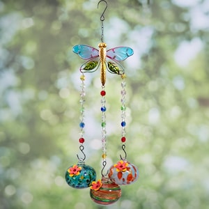 Dragonfly Glass Hummingbird Feeder | Handcrafted Hanging Garden Decor | Outdoor Bird Feeder Gift