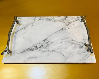 Marble Tray with Silver Branch Handles: Elegant Home Decor