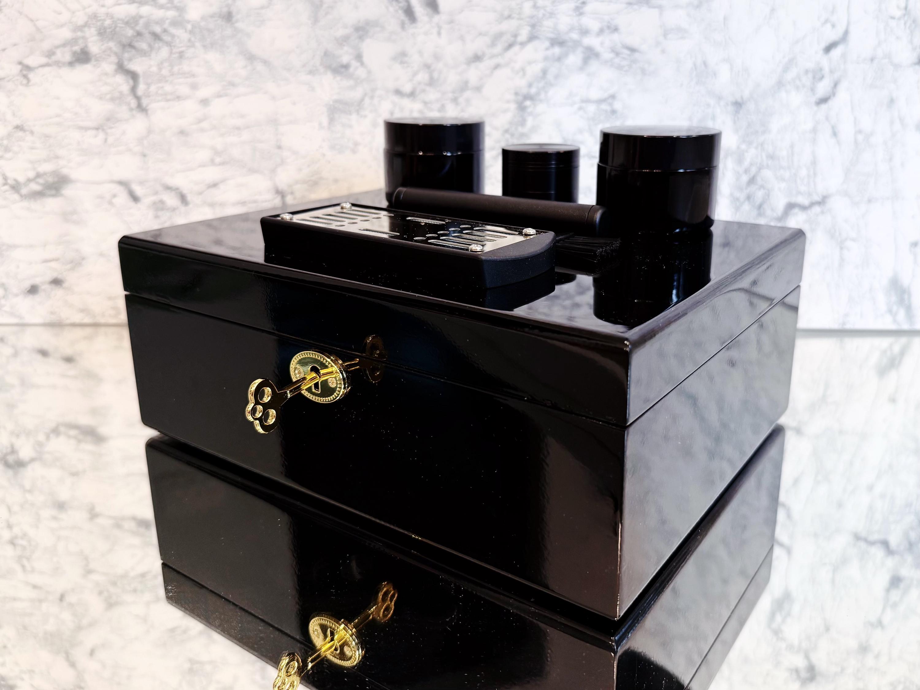 Luxury Handcrafted Stash Box Kit | Solid Wood with High-Gloss Piano Black Finish | Removable Dividers | Locker & Premium Accessories