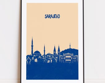 Sarajevo Bosnia and Herzegovina print : Beige Blue Travel Poster Sarajevo poster