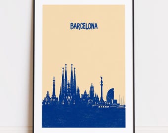 Póster de Barcelona, España: Póster de viaje en tonos beige y azul.