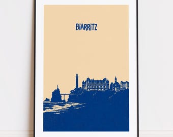 Biarritz France print : Beige Blue Travel Poster Biarritz poster