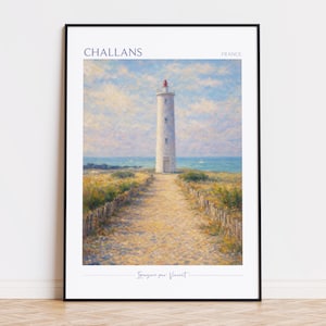 May include: A framed print of a lighthouse in Challans, France. The white lighthouse has a red top and stands tall against a blue sky. A sandy path leads to the lighthouse, with a fence on either side. The print has the text "Challans" and "France".