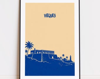 Vieques Puerto Rico print : Beige Blue Travel Poster Vieques poster