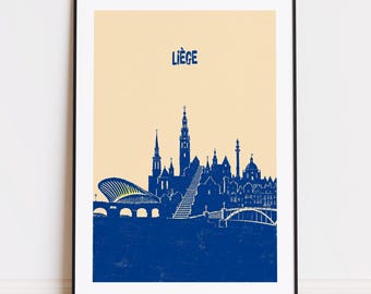 Póster de Lieja, Bélgica: Póster de viaje en tonos beige y azul.