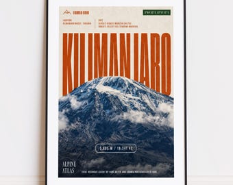 Lámina del Kilimanjaro / Pico Uhuru: póster de montaña para escaladores y montañeros.