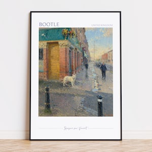 Puede incluir: Una impresión artística enmarcada de una escena callejera en Bootle, Reino Unido. La pintura representa un edificio con un toldo turquesa y un perro blanco en la acera. El texto "Bootle" y "United Kingdom" están en la parte superior.