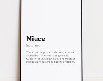 Puede incluir: Impresión enmarcada con la definición de "Niece" en texto negro sobre fondo blanco. La definición incluye una descripción de una sobrina. El marco es negro.