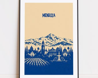 Mendoza Argentina print : Beige Blue Travel Poster Mendoza poster