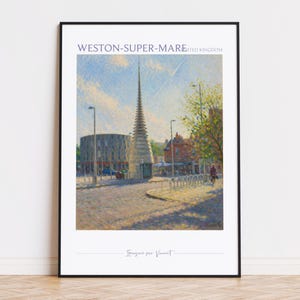 Pode incluir: Impressão emoldurada de Weston-Super-Mare, Reino Unido, com uma estrutura cónica alta e um edifício circular. A obra de arte tem um estilo pictórico com cores suaves e o texto "Weston-Super-Mare" e "Imagine par Vincent".