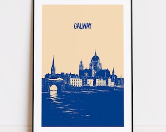 Galway Ireland print : Beige Blue Travel Poster Galway poster