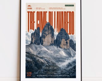 Lámina de Tre Cime di Lavaredo: póster de montaña para escaladores y montañeros.