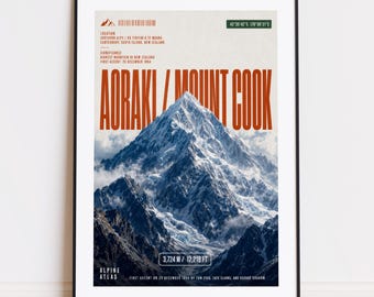 Lámina de Aoraki / Monte Cook: póster de montaña para escaladores y montañeros.