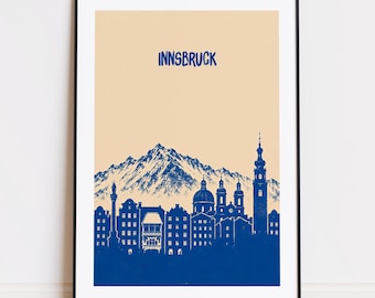 Innsbruck Austria print : Beige Blue Travel Poster Innsbruck poster