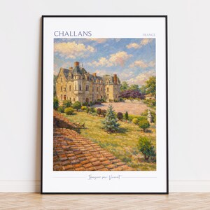 May include: Framed art print of a French chateau in Challans, France. The painting depicts a large, light-colored building with multiple windows and a red-tiled roof, set against a blue sky with fluffy clouds. The print includes the text "CHALLANS" and "FRANCE".