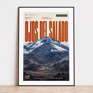 May include: A framed poster featuring a mountain landscape with the text "Ojos del Salado" in large orange letters. The poster includes the text "Highest Volcano on Earth" and "6,893 M / 22,615 FT". The image is in a black frame.