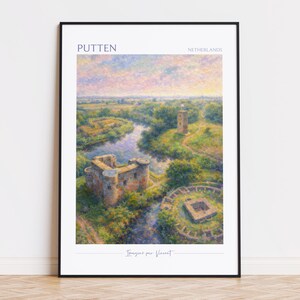May include: A framed art print depicting Putten, Netherlands. The landscape features a river, castle ruins, and a tower. The sky is painted in pastel hues, and the artwork is signed "Imagine par Vincent".