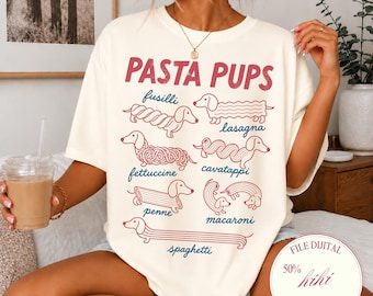 Peut inclure: Un t-shirt crème avec un motif rouge représentant des teckels en forme de pâtes. Le texte indique PASTA PUPS avec les noms fusilli, lasagna, fettuccine, cavatappi, penne, macaroni et spaghetti inscrits en bleu dans une police cursive.