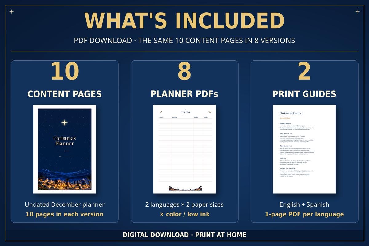 Christmas Planner Printable, 10 Undated Pages, English and Spanish, Color and Low-Ink PDFs · vista 4