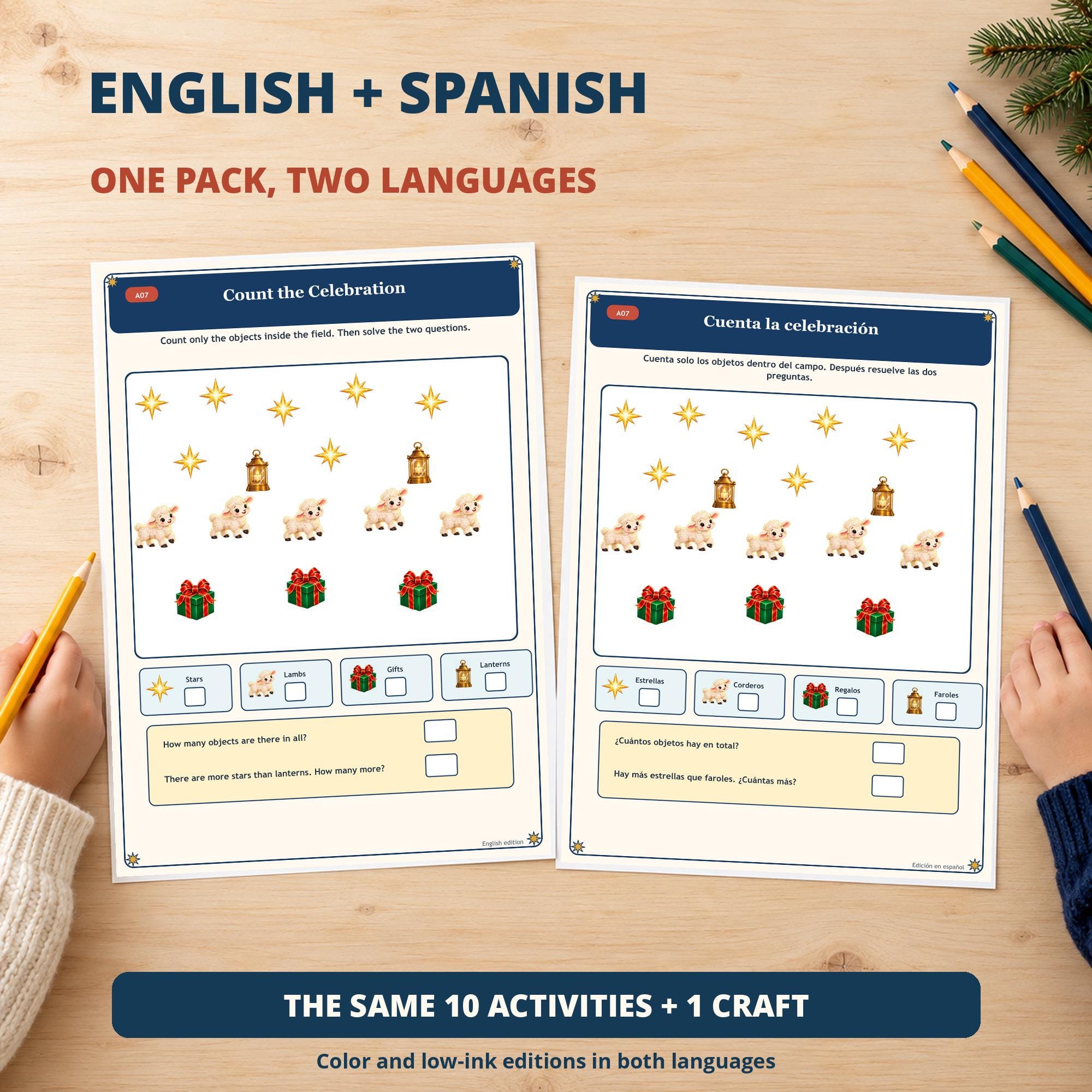 Nativity Activity Pack for Kids, English & Spanish Bible Worksheets, Christmas Paper Craft, Color and Low Ink PDF · vista 4