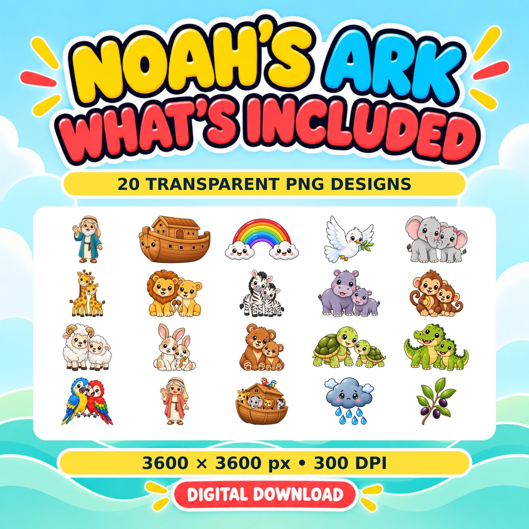 Noah's Ark Kawaii Clipart, 20 Transparent PNGs, 3600px, Bible Animals Digital Download · vista 2