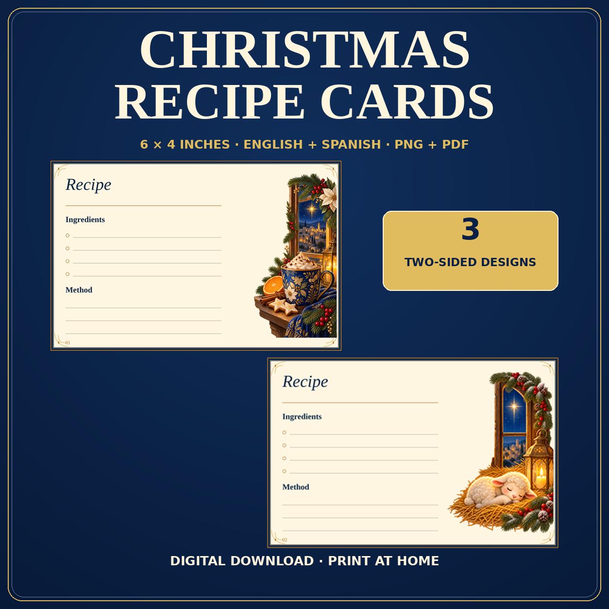 Christmas Recipe Cards Printable, 3 Double-Sided 4x6 Designs, English and Spanish
