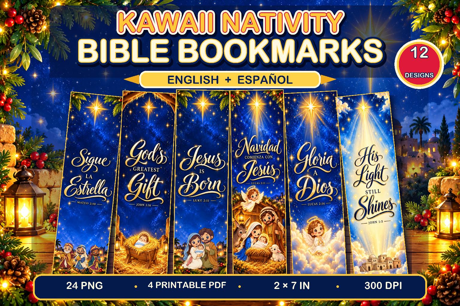 Christian Christmas Bible Bookmarks Printable, 12 Nativity Designs in English and Spanish, PNG and PDF