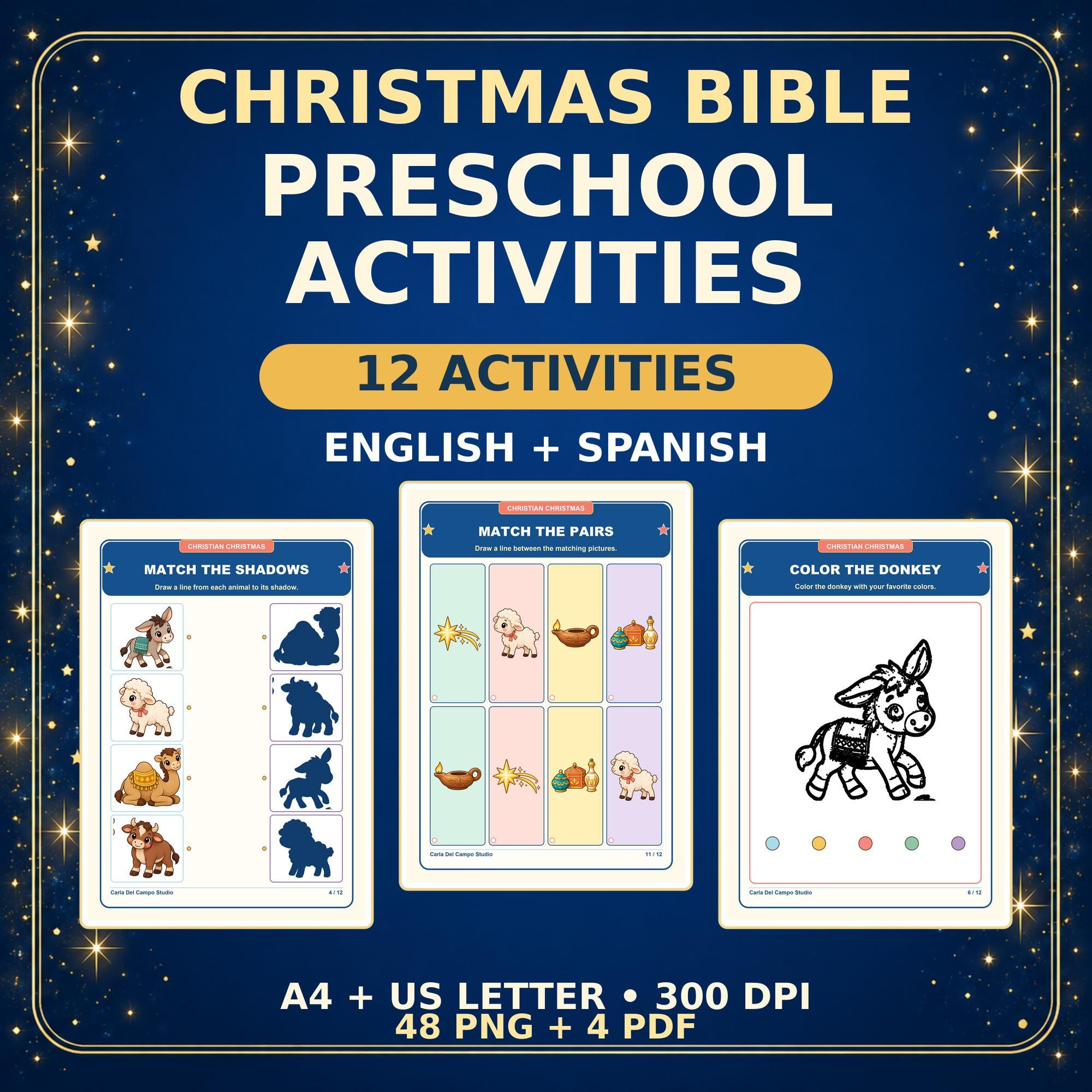 Christmas Bible Preschool Activities, 12 Bilingual Worksheets, English Spanish, A4 and US Letter PDF PNG