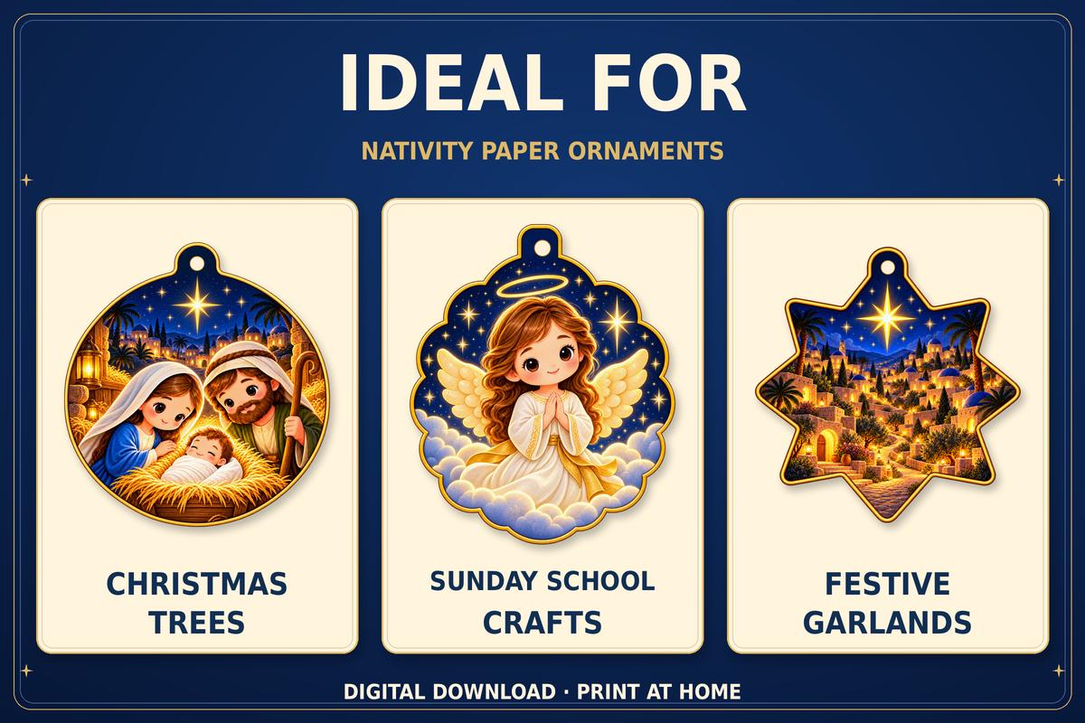 Nativity Paper Ornaments Printable, 6 Christmas Designs, PDF and Transparent PNG · vista 3