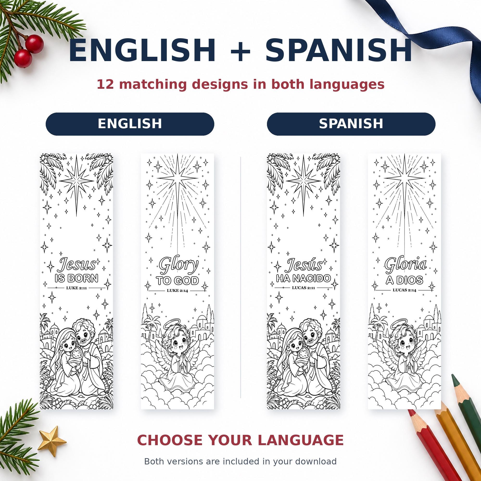 Nativity Coloring Bookmarks Printable, 12 Christmas Designs for Kids in English and Spanish, PNG and PDF · vista 4