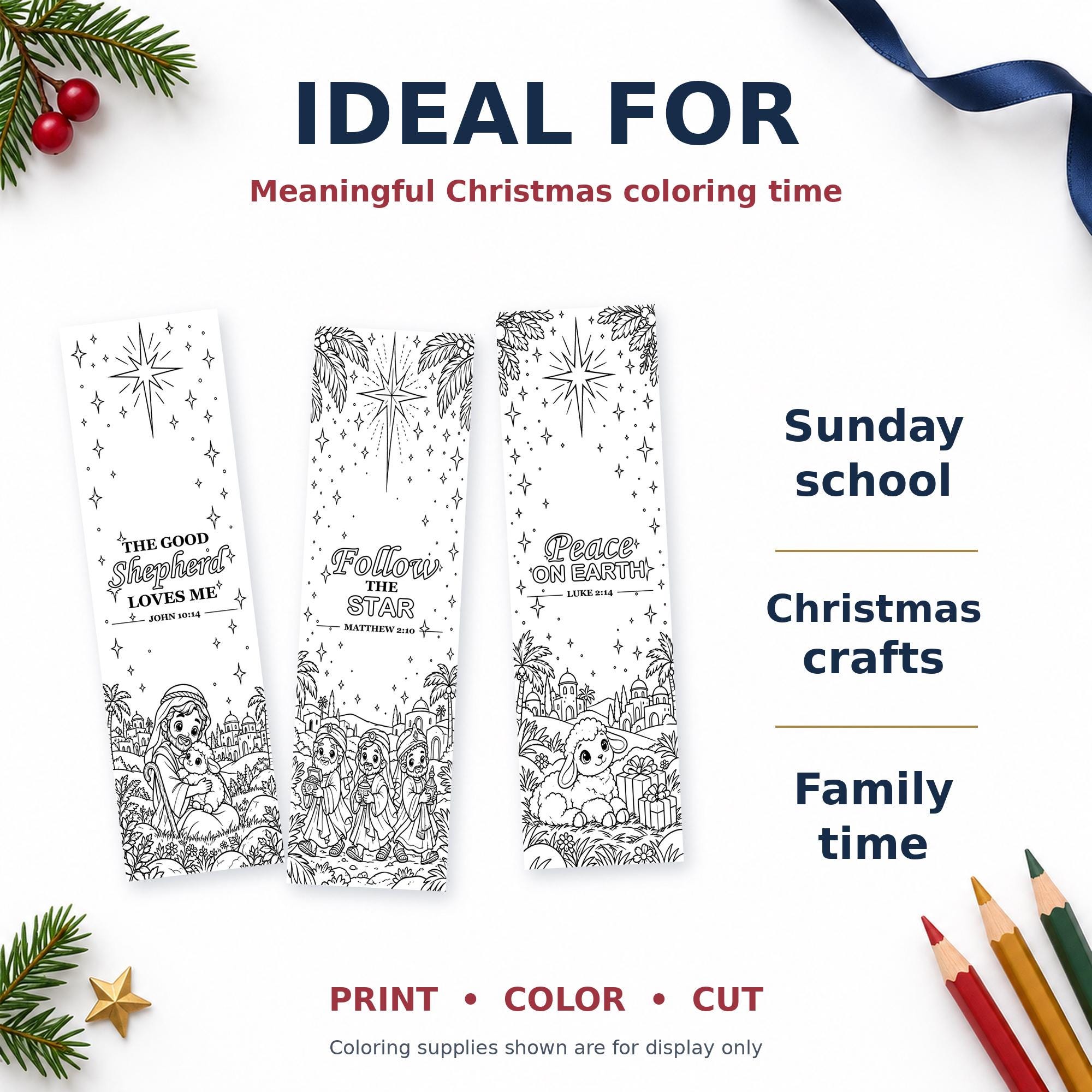 Nativity Coloring Bookmarks Printable, 12 Christmas Designs for Kids in English and Spanish, PNG and PDF · vista 3