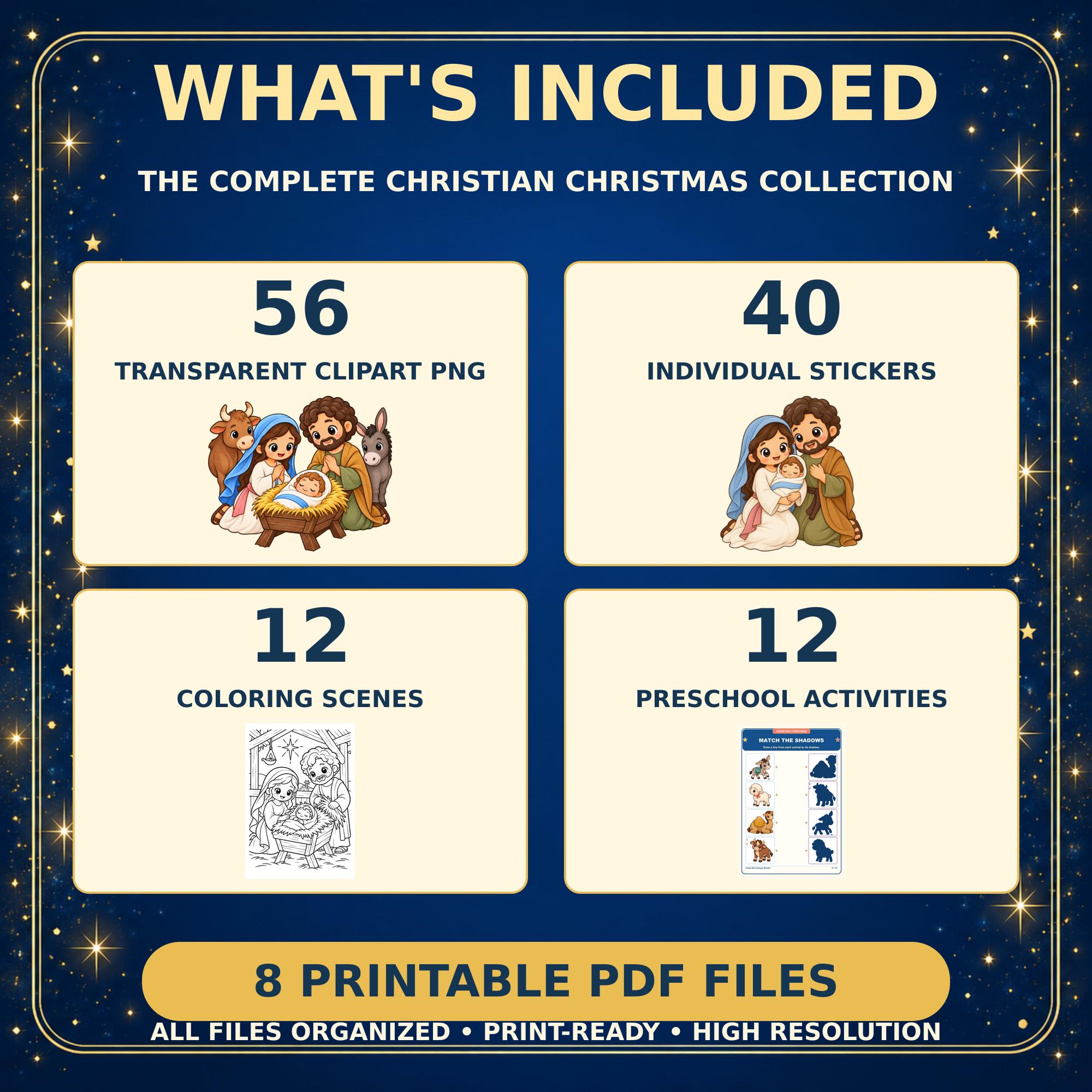 Christian Christmas Kawaii Mega Bundle, 180 PNG and 8 PDF, Nativity Clipart, Stickers and Activities · vista 3