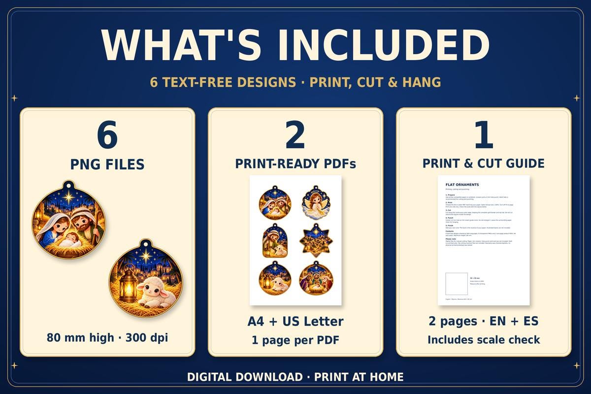 Nativity Paper Ornaments Printable, 6 Christmas Designs, PDF and Transparent PNG · vista 4