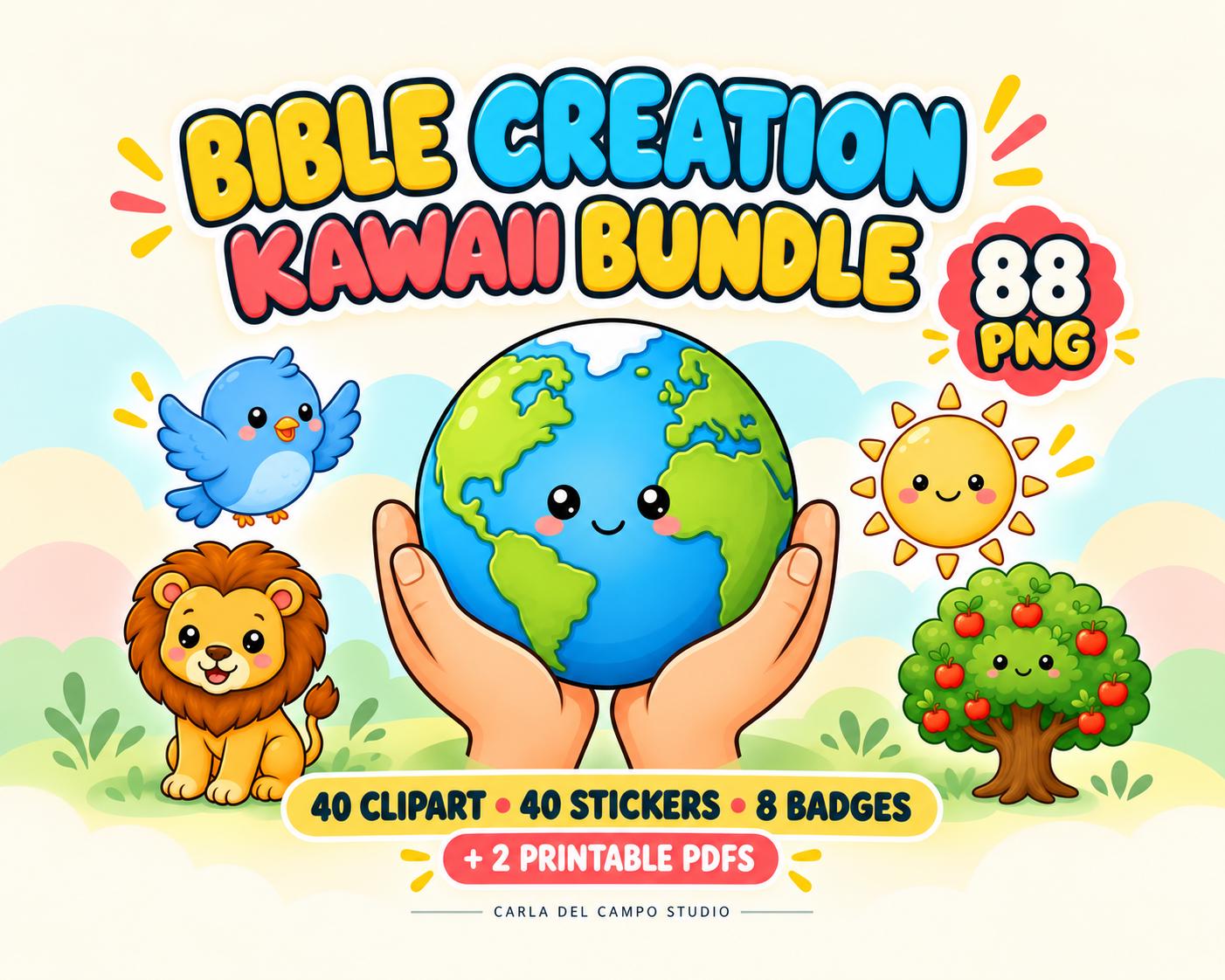 Bible Creation Kawaii Bundle, 88 PNG Clipart, Stickers and Badges, 2 Printable PDFs, Christian Digital Download