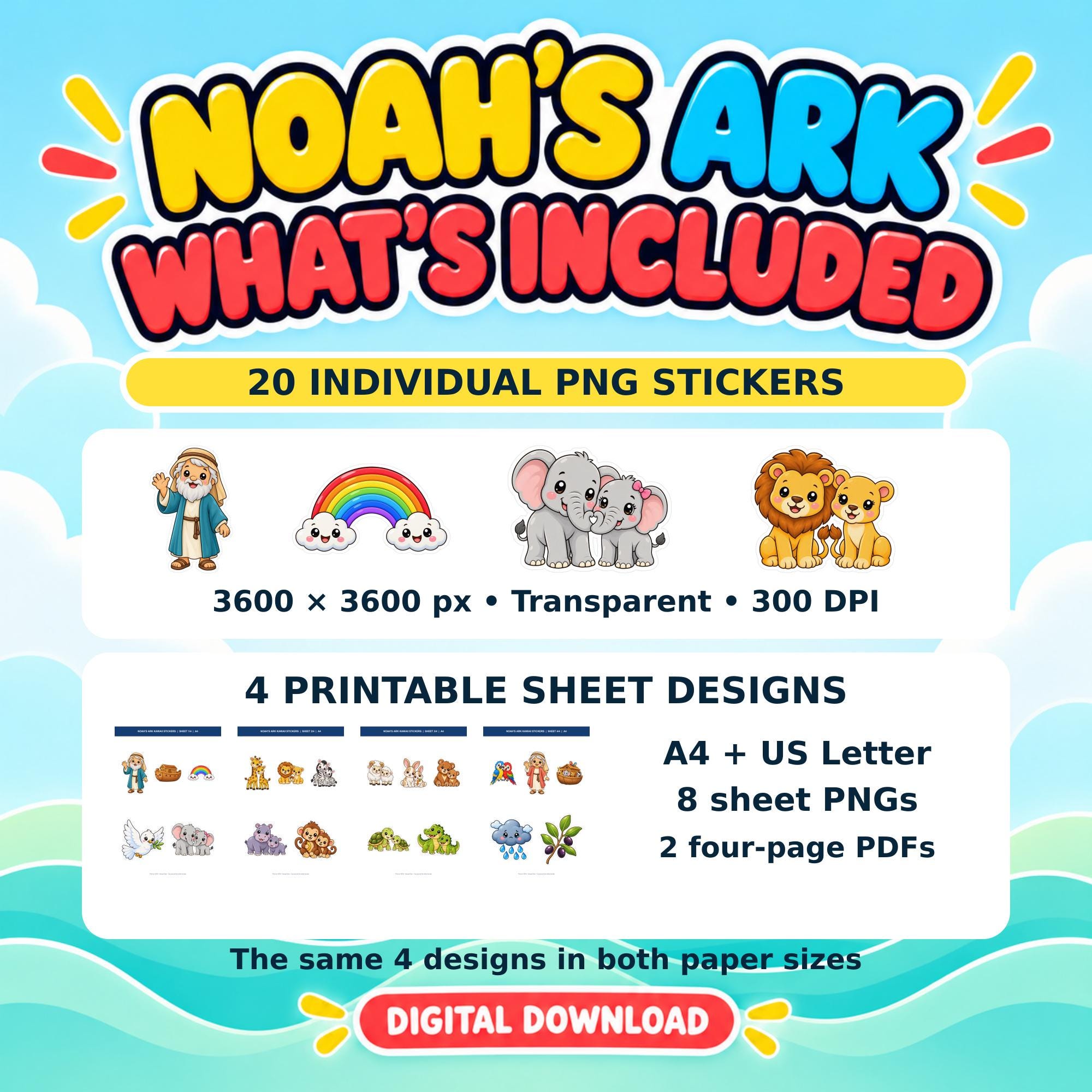 Noah's Ark Kawaii Stickers, 20 PNG Designs and Printable A4 US Letter Sticker Sheets · vista 2
