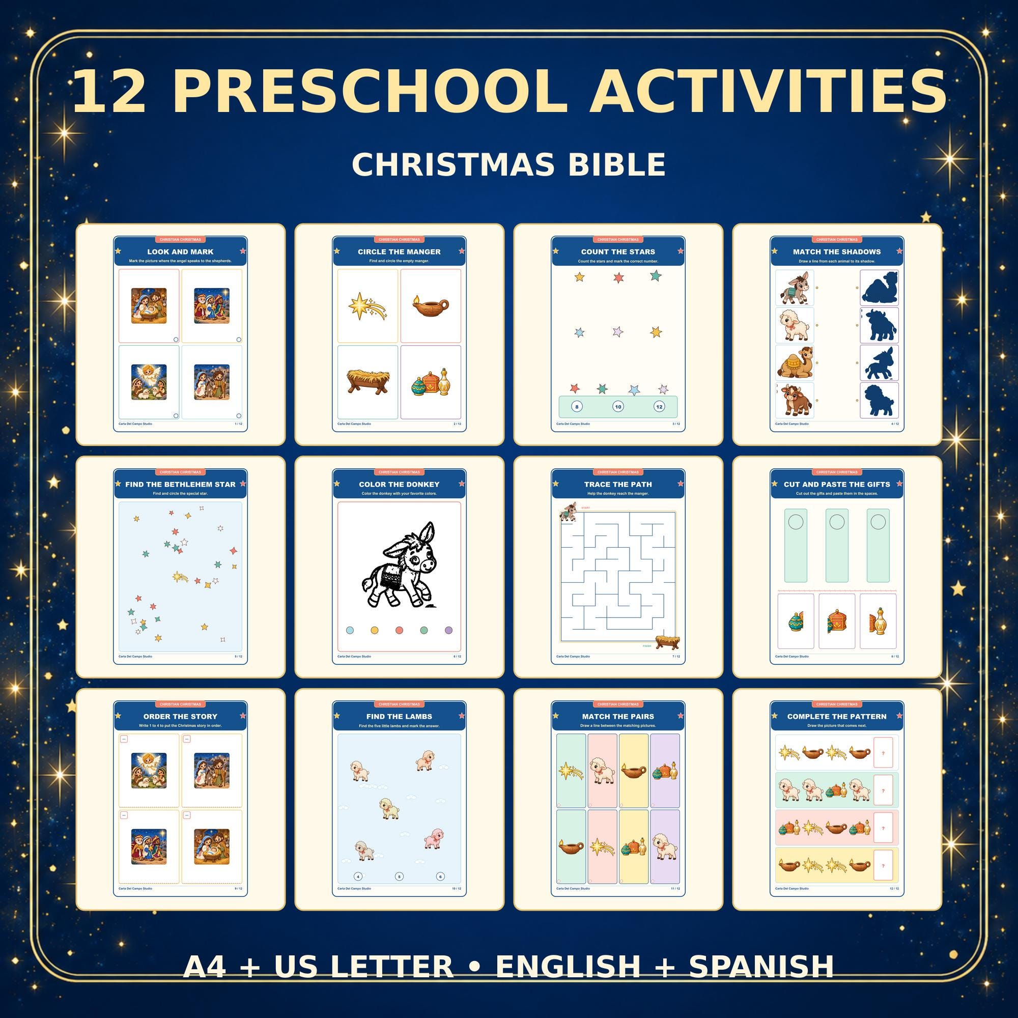 Christmas Bible Preschool Activities, 12 Bilingual Worksheets, English Spanish, A4 and US Letter PDF PNG · vista 3