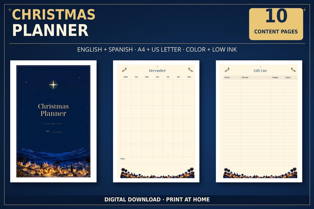 Christmas Planner Printable, 10 Undated Pages, English and Spanish, Color and Low-Ink PDFs · vista 2