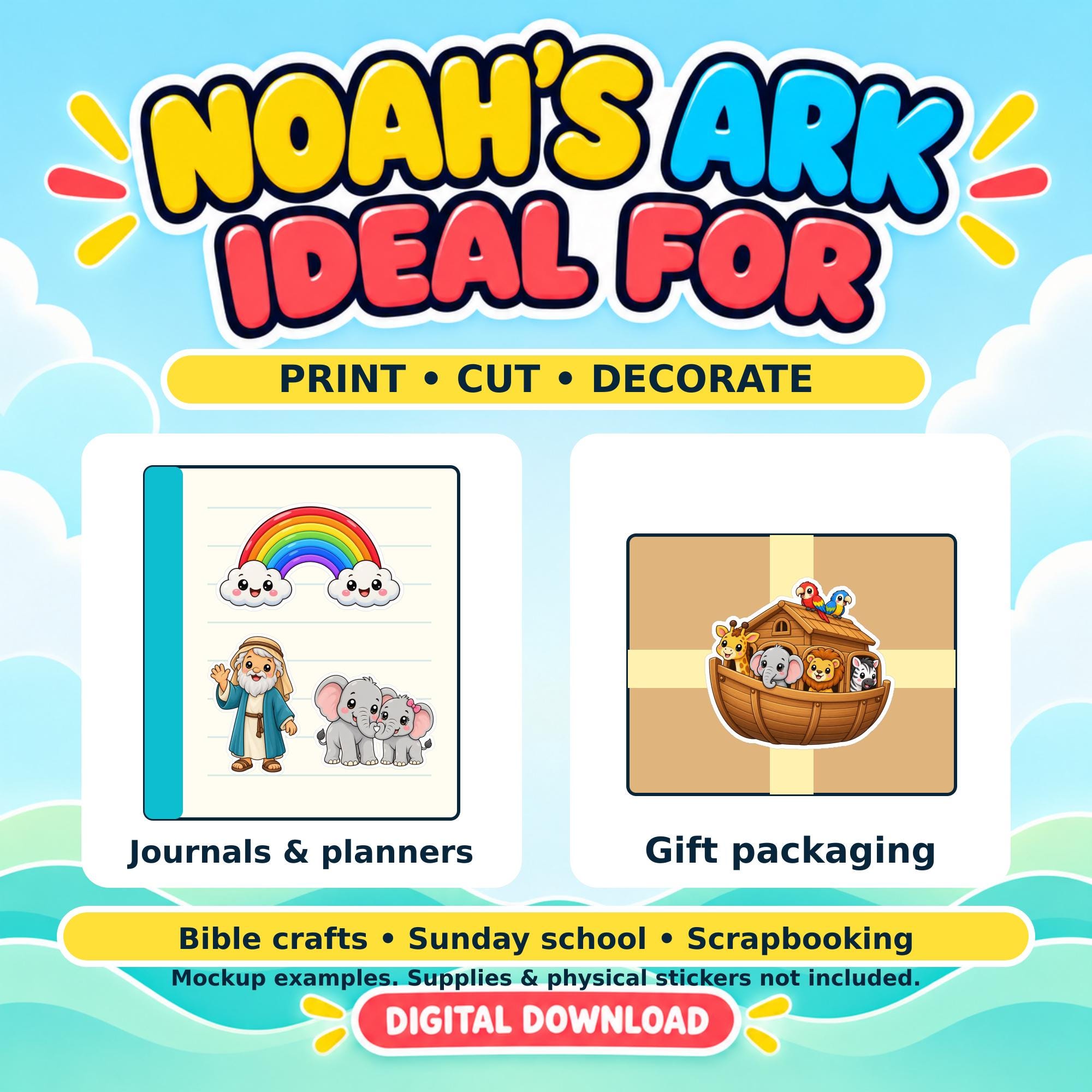 Noah's Ark Kawaii Stickers, 20 PNG Designs and Printable A4 US Letter Sticker Sheets · vista 3