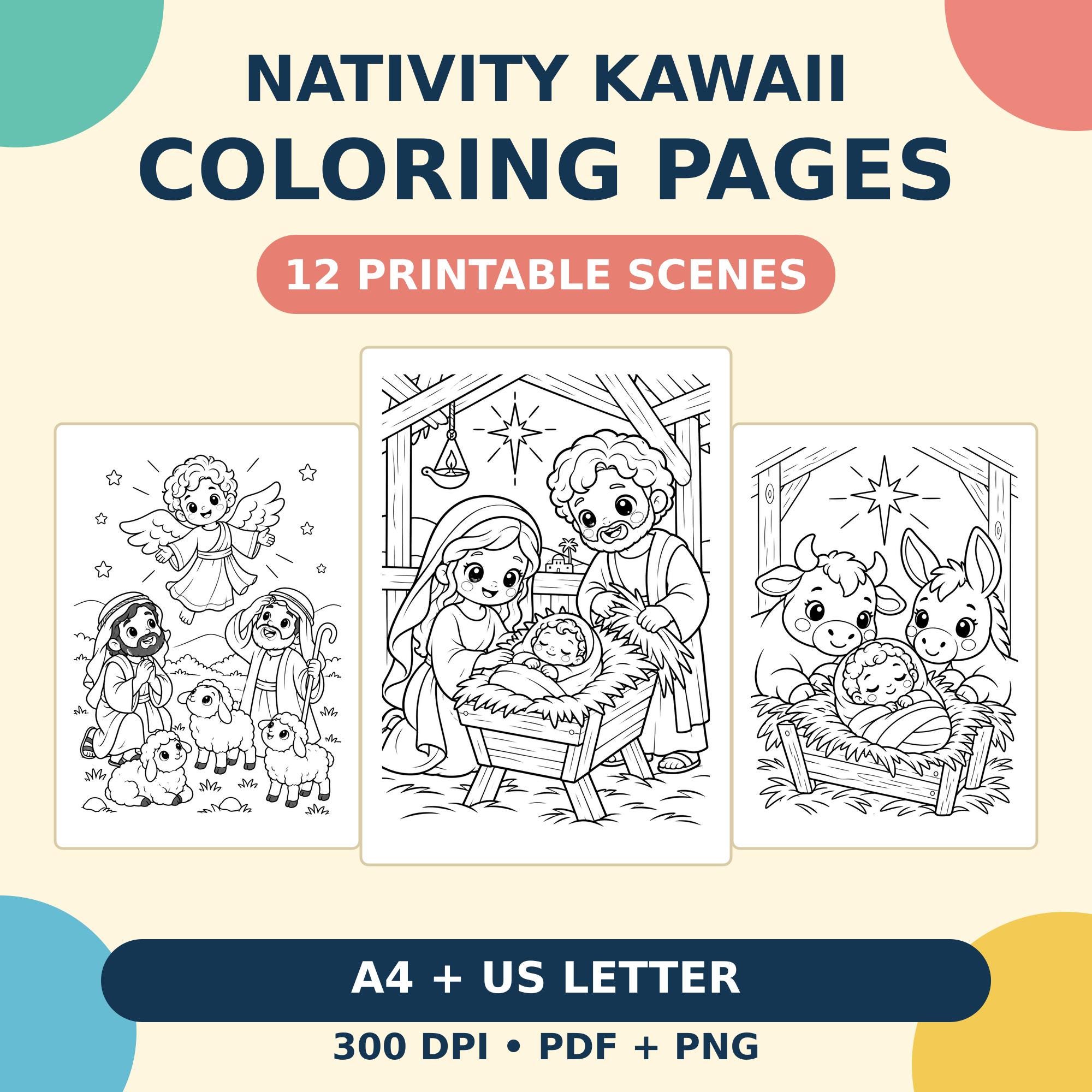 Nativity Kawaii Coloring Pages, 12 Christmas Bible Scenes, A4 and US Letter PDF PNG