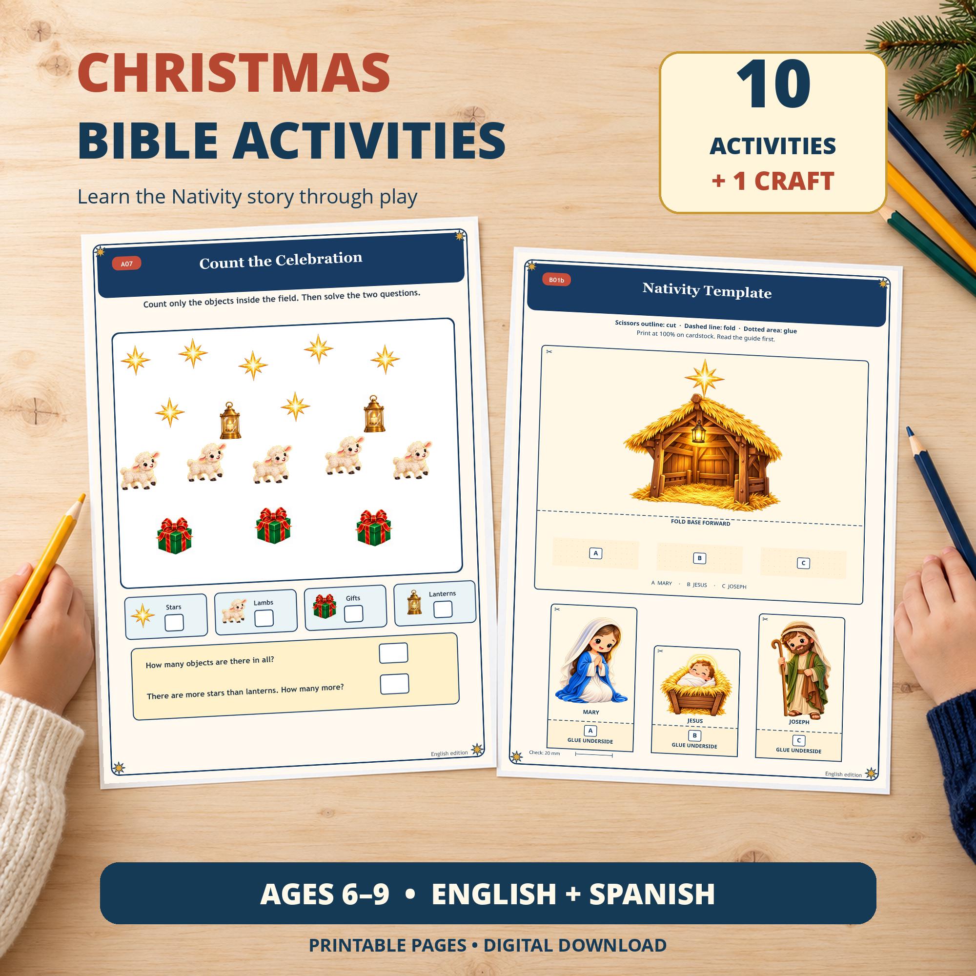 Nativity Activity Pack for Kids, English & Spanish Bible Worksheets, Christmas Paper Craft, Color and Low Ink PDF