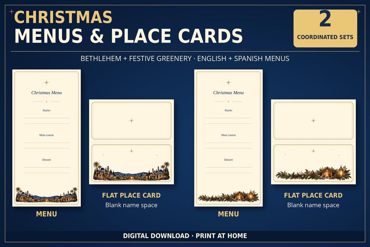 Christmas Menu and Place Cards Printable, 2 Coordinated Sets, English and Spanish · vista 2