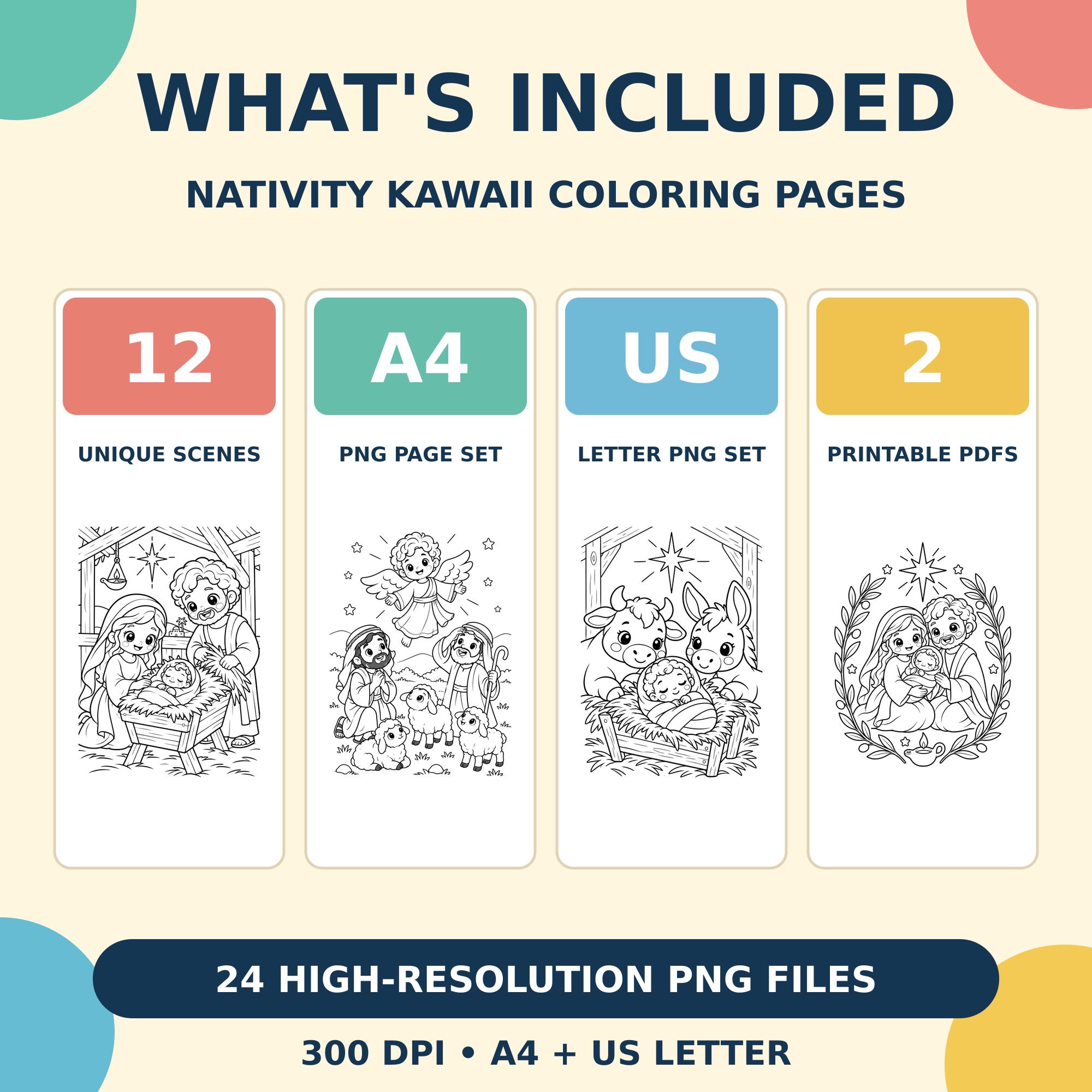 Nativity Kawaii Coloring Pages, 12 Christmas Bible Scenes, A4 and US Letter PDF PNG · vista 2