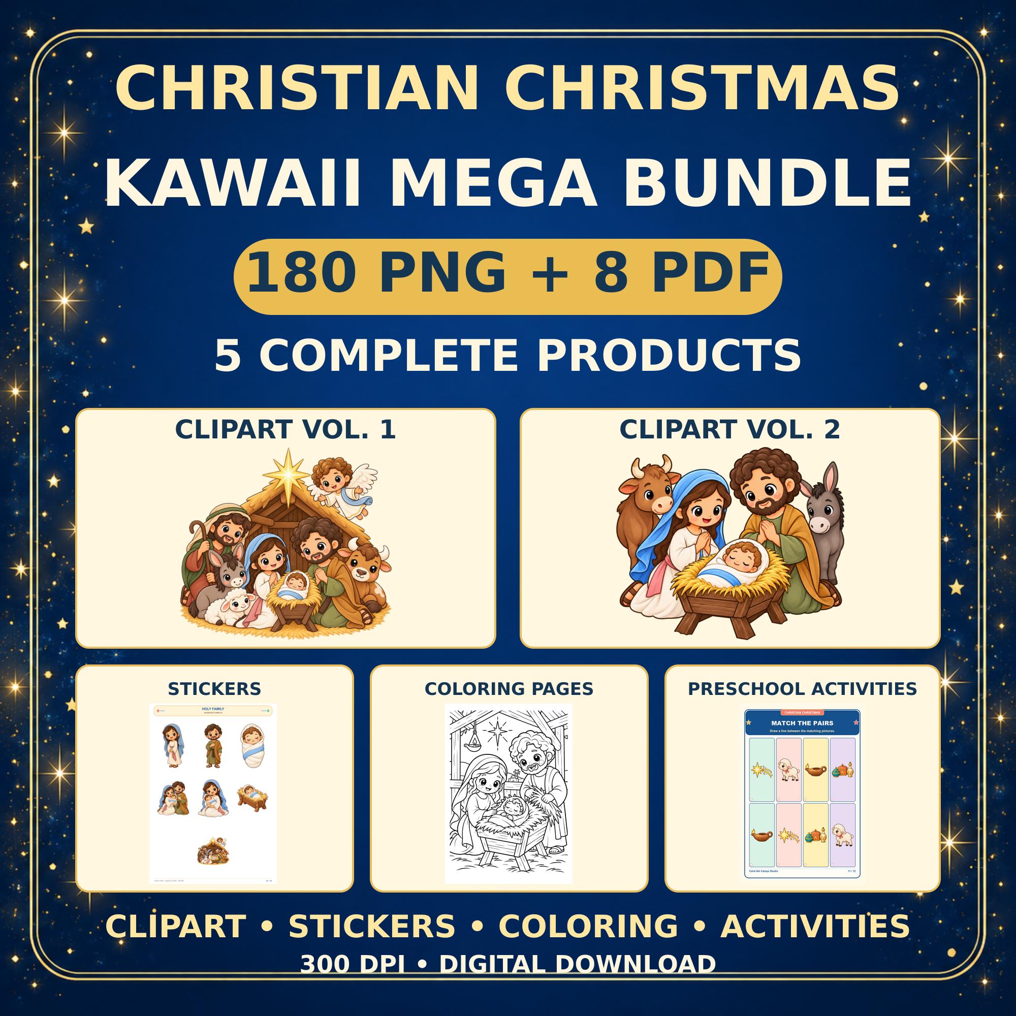 Christian Christmas Kawaii Mega Bundle, 180 PNG and 8 PDF, Nativity Clipart, Stickers and Activities