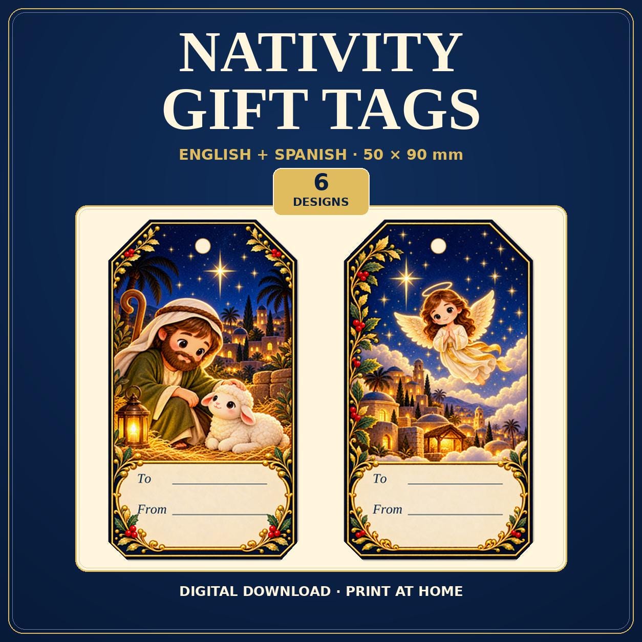 Nativity Gift Tags Printable, 6 Christmas Designs in English and Spanish, PDF and PNG