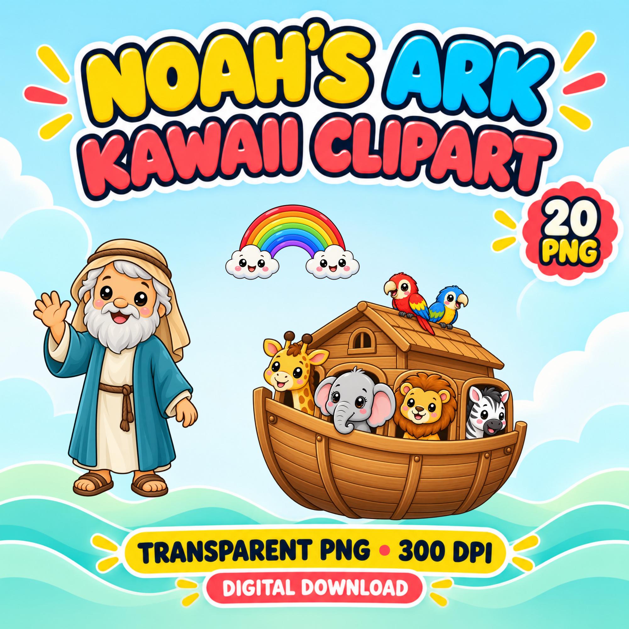 Noah's Ark Kawaii Clipart, 20 Transparent PNGs, 3600px, Bible Animals Digital Download
