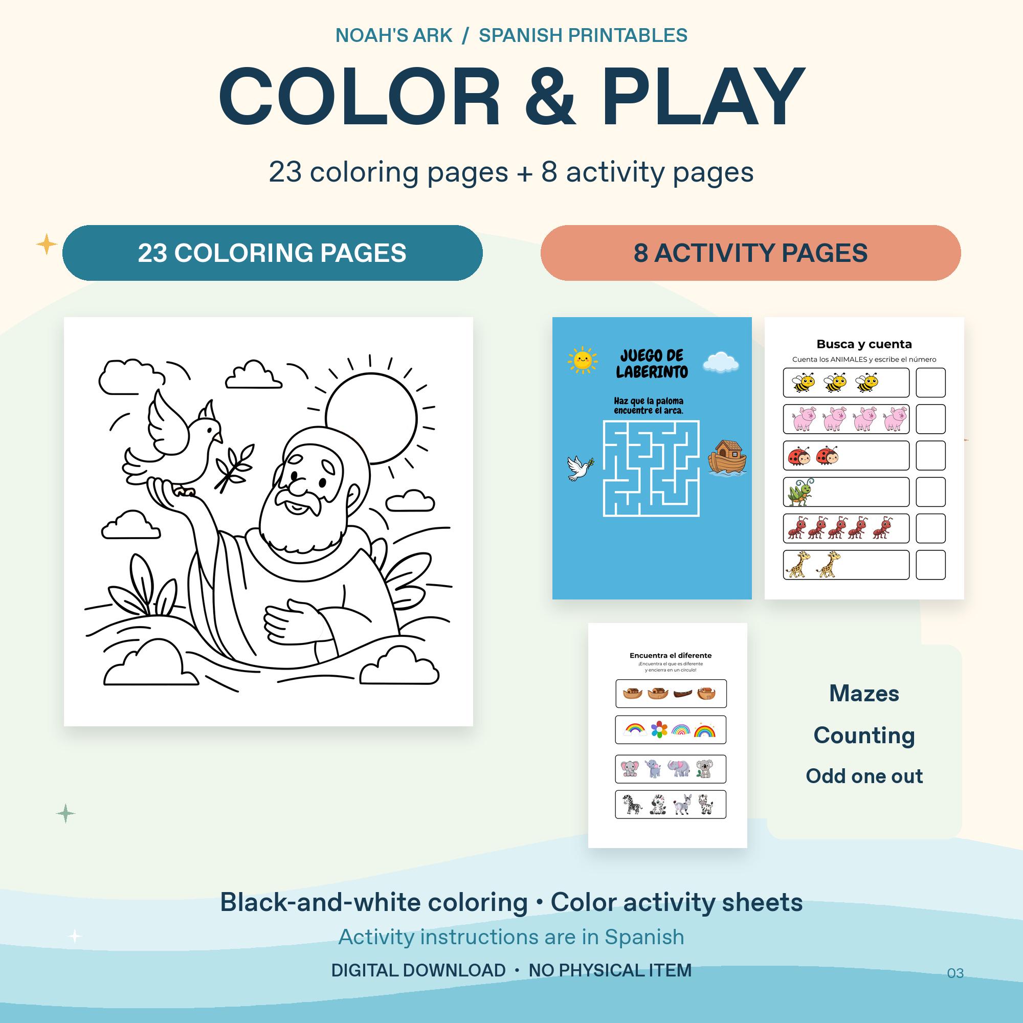 Noah's Ark Spanish Coloring and Activity Pack, 50 Printable Pages, Bible Worksheets and Notes, PDF JPG PNG · vista 3