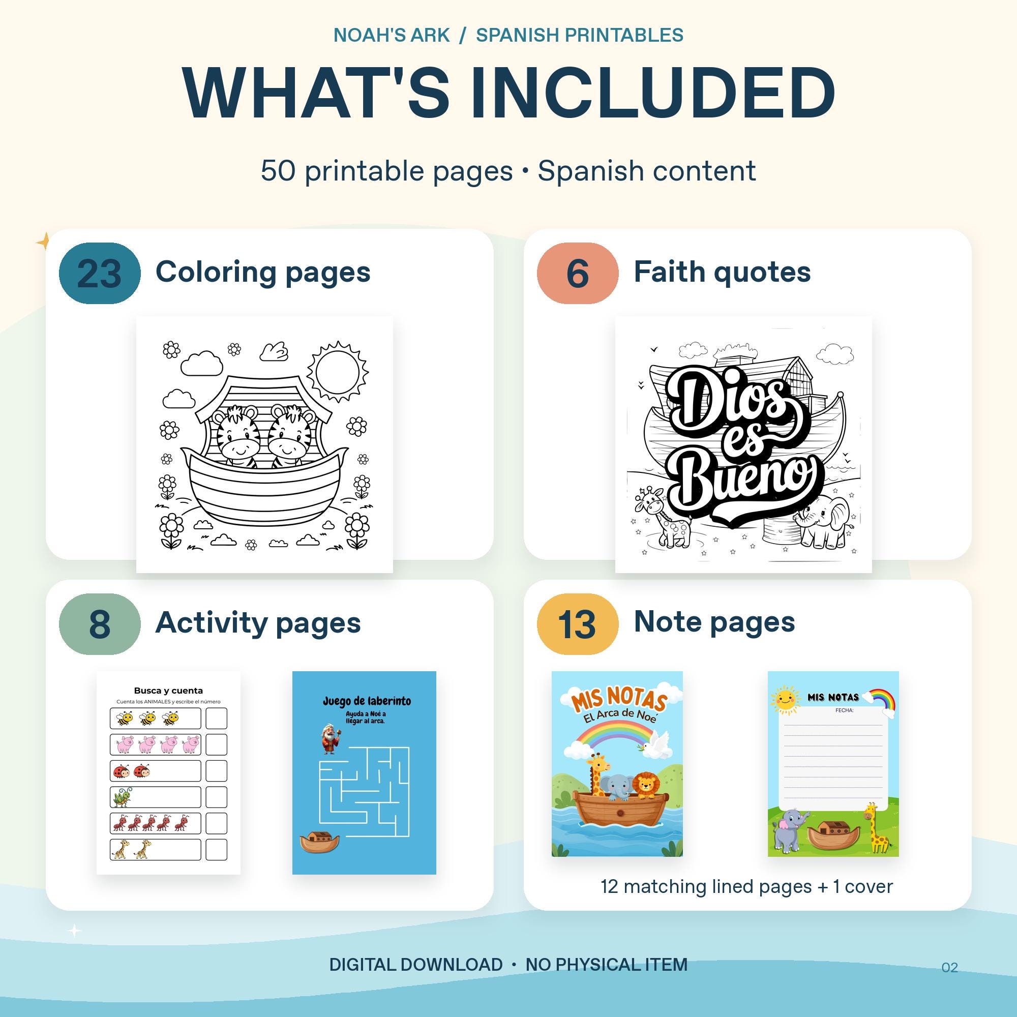 Noah's Ark Spanish Coloring and Activity Pack, 50 Printable Pages, Bible Worksheets and Notes, PDF JPG PNG · vista 2