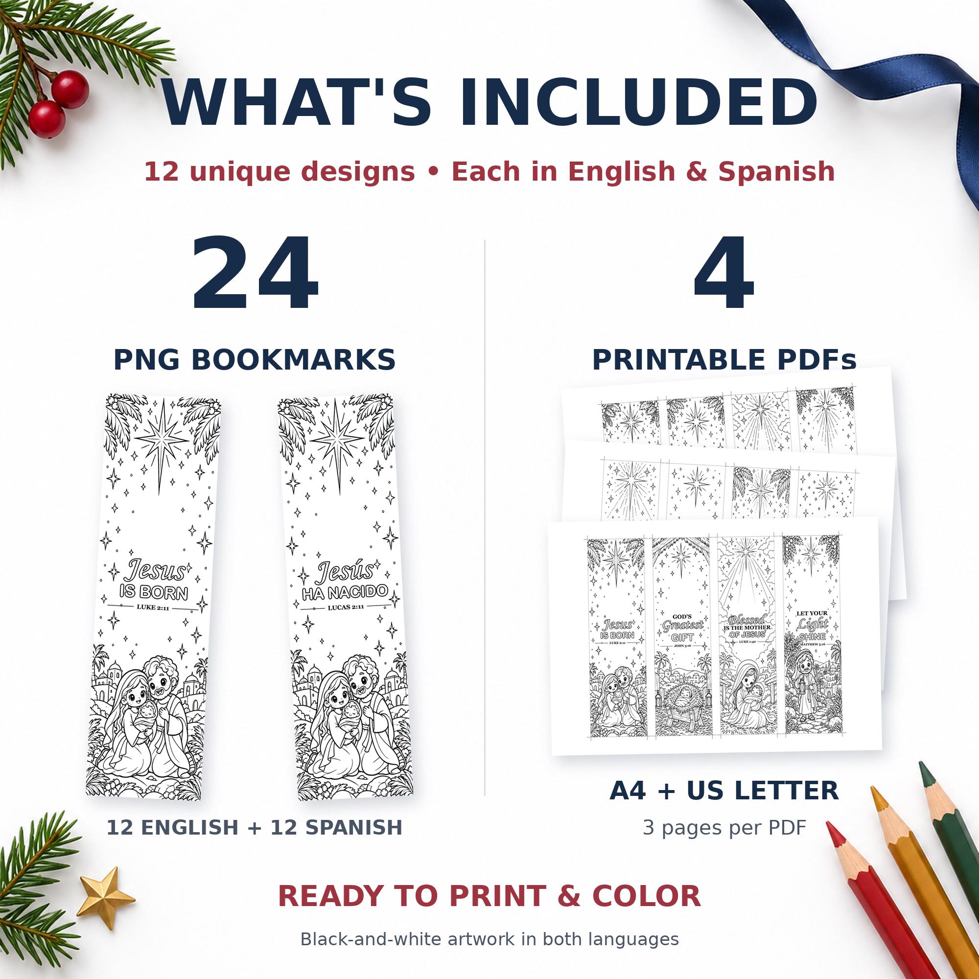 Nativity Coloring Bookmarks Printable, 12 Christmas Designs for Kids in English and Spanish, PNG and PDF · vista 2