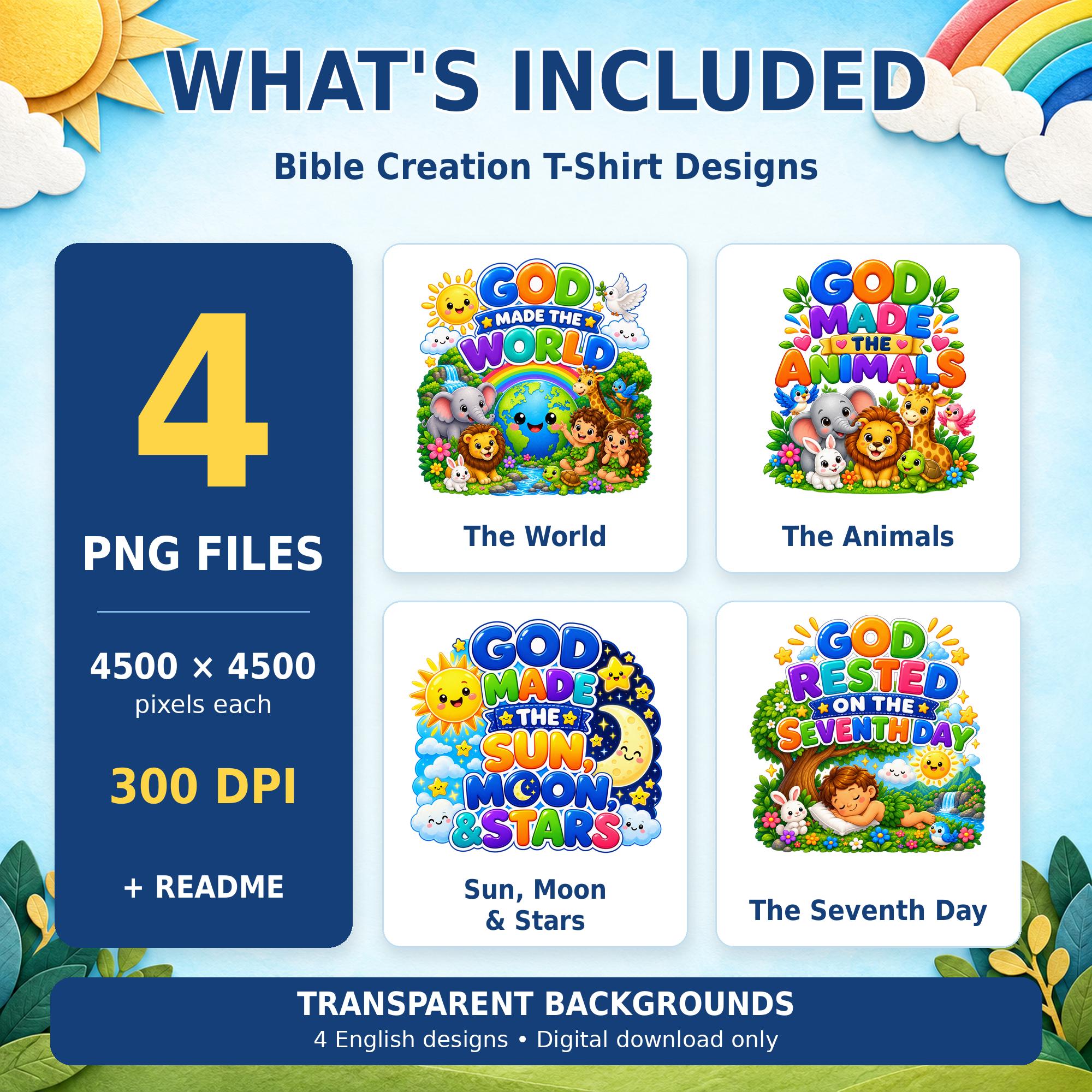 Bible Creation T-Shirt PNG Bundle, 4 Christian Designs, Transparent 300 DPI Digital Download · vista 3