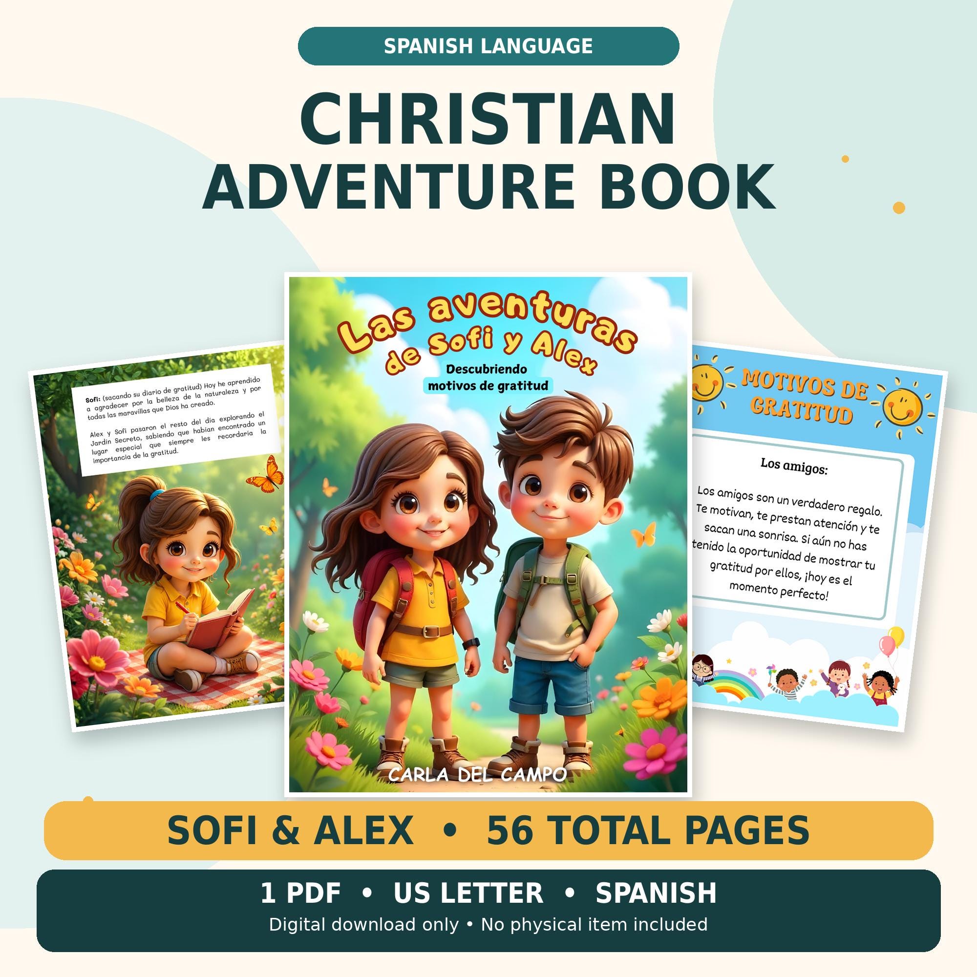 Sofi and Alex Spanish Christian Storybook, 56 Page Gratitude Book with Kids Activities, Printable PDF